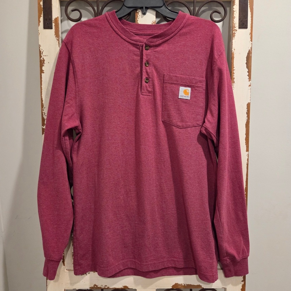 Carhartt Mens Loose Fit Long Sleeve Henley Pocket Work T-Shirt Red Small